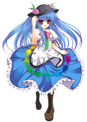  absurdres blue_hair commentary_request ebicha female food fruit hat highres hinanawi_tenshi long_hair peach photoshop_(medium) red_eyes solo touhou 