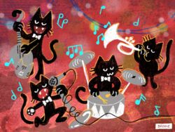  2019 4:3 anthro biped black_body bow_tie brodie_(artist) closed_eyes domestic_cat electronics fangs felid feline felis group hi_res male mammal microphone musical_instrument musical_note open_mouth open_smile pawpads playing_music singing smile tail teeth whiskers 