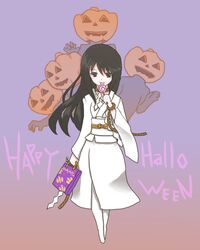  bad_id bad_pixiv_id bag black_hair candy fatal_frame fatal_frame_1 food ghost gradient gradient_background halloween happy_halloween himuro_kirie jack-o&#039;-lantern japanese_clothes kimono lollipop long_hair pantyhose pink_background pumpkin purple_background rope solo spirit vader_(n.r.t.a.) white_legwear 