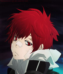  band_aids frown hoodie katekyo_hitman_reborn kozato_enma red_eyes red_hair 