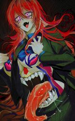  black_background black_jacket black_skirt blazer blue_shirt breasts commentary_request cowboy_shot crop_top extra_eyes extra_teeth fangs female hair_between_eyes highres jacket kaiji korean_commentary large_breasts long_bangs long_hair long_sleeves looking_at_viewer ninjin_(ninjin20417113) open_mouth pale_skin personification red_eyes red_hair saliva sharp_teeth shirt skin_fangs skirt smile solo star-shaped_pupils star_(symbol) stomach_mouth symbol-shaped_pupils teeth the_bog_(kaiji) tongue tongue_out underboob very_long_hair white_eyes 