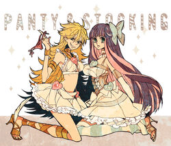  2girls bow bridal_gauntlets commentary_request corset crop_top dress earrings grin hairbow high_heels jewelry kneeling leggings long_hair midriff multicolored_hair multiple_girls panties panty_&amp;_stocking_with_garterbelt panty_(psg) sachiko_(omame) shoes siblings sisters skirt smile stocking_(psg) striped striped_leggings thighhighs two-tone_hair underwear white_dress white_skirt 