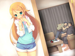  2boys ahoge bad_id bad_pixiv_id black_hair blue_hair blush casual collar_grab denim denim_shorts dutch_angle feet female green_eyes hood hoodie indoors koflif kousaka_daisuke kousaka_kirino kousaka_kyousuke living_room magazine_(object) multicolored_eyes multiple_boys oerba_yun_fang orange_hair ore_no_imouto_ga_konna_ni_kawaii_wake_ga_nai photoshop_(medium) shorts wavy_mouth 