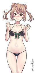  absurdres bikini black_bikini bow breasts brown_eyes cowboy_shot double_bun female front-tie_bikini_top front-tie_top green_bow hair_bun highres kantai_collection light_brown_hair looking_at_viewer lowleg lowleg_bikini medium_hair michishio_(kancolle) one-hour_drawing_challenge short_twintails simple_background small_breasts solo swimsuit the_second_form thigh_gap twintails twitter_username w_arms white_background 