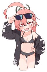  ahoge bikini black_bikini black_jacket blue_archive blush braid collarbone cowboy_shot cropped_legs eyewear_on_head female flat_chest hair_between_eyes halo highres huge_ahoge jacket kamo_(kamonabe_44) looking_at_viewer mole mole_under_eye neru_(blue_archive) neru_(swimsuit)_(blue_archive) oerba_yun_fang open_clothes open_jacket open_mouth red_eyes red_hair short_hair simple_background single_braid solo sunglasses swimsuit white_background 