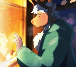  anthro antlers blue_eyes blush brown_body brown_fur clothing coat deer eyebrows fluffy_chest fur gizugazu gloves handwear horn lifewonders male mammal new_world_deer reindeer solo thick_eyebrows tokyo_afterschool_summoners topwear window yule_(tas) 