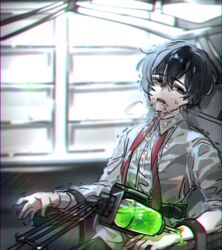  1boy black_eyes black_hair blood chair collared_shirt drooling enkephalin_(project_moon) feruca indoors limbus_company long_sleeves male_focus necktie project_moon red_necktie restrained shirt sitting solo syringe undone_necktie white_shirt yi_sang_(project_moon) 