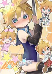  1boy ;) @_@ apron back_bow black_footwear black_thighhighs blonde_hair blue_eyes blue_one-piece_swimsuit blush bow broom brown_footwear chibi chibi_inset crossdressing halftone_texture hands_on_own_cheeks hands_on_own_face hat heart holding holding_broom japanese_clothes kagamine_len kagamine_len_no_bousou_(vocaloid) maid maid_apron messy_hair miko nurse nurse_cap one-piece_swimsuit one_eye_closed open_mouth otoko_no_ko outline pink_footwear pole pole_dancing sandals short_hair short_ponytail simple_background smile sparkle star_(symbol) swimsuit thighhighs urin_(coconuts3252) vocaloid white_outline white_thighhighs yellow_background yellow_bow zouri 