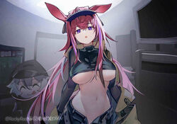  1boy animal_ears arknights asymmetrical_bangs belt breasts chibi chibi_inset coat doctor_(arknights) female highres large_breasts long_bangs long_hair long_sleeves midriff multicolored_hair navel open_fly open_mouth pink_hair pixiv_username purple_eyes purple_hair rabbit_ears rabbit_girl ray_(arknights) rockyroo streaked_hair twitter_username two-tone_hair underboob unworn_coat visor_cap 