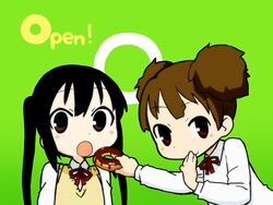  black_hair blush_stickers bow brown_eyes brown_hair chibi chocolate doughnut dress_shirt feeding food green_background hand_on_own_face hizaki_ryuuta k-on! multiple_girls nakano_azusa open_mouth school_uniform shirt suzuki_jun twintails uniform_vest 