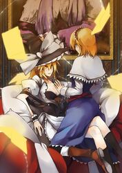  2girls alice_margatroid blonde_hair blue_eyes capelet commentary_request hat kirisame_marisa long_hair multiple_girls orokanahime photoshop_(medium) short_hair touhou witch_hat yellow_eyes yuri 