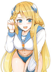  :d asymmetrical_bangs asymmetrical_hair blonde_hair blue_eyes blue_panties blue_sailor_collar blush braid breasts cameltoe clenched_hand cowboy_shot crop_top eyelashes female french_braid hand_in_own_hair hand_on_own_thigh hand_up haruha_(aeropolis) headgear highres last_origin leaning_forward long_hair long_sleeves looking_at_viewer low_twintails medium_breasts midriff navel no_pants open_mouth panties sailor_collar sailor_shirt shirt sidelocks simple_background single_braid smile solo straight-on straight_hair teeth tongue twintails underwear undine_(last_origin) upper_teeth_only very_long_hair white_background white_shirt wide_hips 