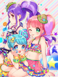  3girls ;p aqua_eyes bangle bikini bikini_skirt black_bikini blue_eyes blue_hair blunt_bangs blush bracelet commentary_request cup diagonal_stripes drinking drinking_glass drinking_straw eyebrows finger_to_mouth food fruit hair_bun hair_ornament hat hat_ornament head_rest holding holding_cup index_finger_raised jewelry junon_(pripara) kanon_(pripara) long_hair looking_at_viewer midriff multicolored_bikini multicolored_clothes multicolored_hair multiple_girls nail_polish navel one_eye_closed orange_(fruit) orange_slice pink_bikini pink_hair pinon_(pripara) pretty_series pripara purple_eyes purple_hair purple_nails red_eyes red_nails seashell shell shooting_star_hair_ornament side_ponytail sidelocks single_side_bun sitting star_(symbol) star_hair_ornament star_hat_ornament striped striped_background swept_bangs swimsuit tongue tongue_out touyama_soboro yellow_bikini 