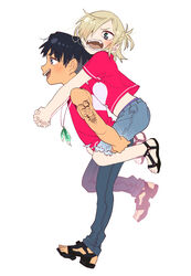  2boys arm_tattoo bad_id bad_pixiv_id black_hair blonde_hair blue_eyes carrying con_potata denim green_eyes hair_over_one_eye half_updo highres jean-jacques_leroy jeans male_focus multiple_boys open_mouth pants piggyback sandals simple_background smile tattoo walking yuri!!!_on_ice yuri_plisetsky 