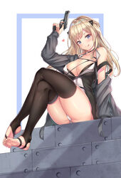  arm_support artistic_error black_thighhighs blonde_hair blue_eyes blush breasts cenangam cleavage clothes_down collarbone collared_shirt commentary crossed_legs daewoo_k5 female girls&#039;_frontline gun hair_ornament halterneck handgun highres k5_(girls&#039;_frontline) large_breasts licking_lips long_hair looking_at_viewer panties pantyshot revision shirt sitting skindentation sleeveless sleeveless_shirt solo thighhighs thighs tongue tongue_out underwear weapon white_panties wrong_foot 