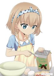  apron blonde_hair blue_eyes blue_hairband blue_shirt box casual commentary_request cooking egg english_text female girls_und_panzer hairband holding holding_spoon katyusha_(girls_und_panzer) mixing_bowl one-hour_drawing_challenge polka_dot_hairband shibagami shirt short_hair short_sleeves simple_background solo spoon standing twitter_username white_background yellow_apron 