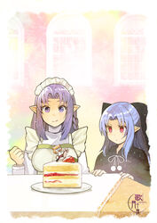  2girls apron bad_id bad_pixiv_id black_bow blue_eyes blue_hair bow braid cake cake_slice copyright_name crossover fate/stay_night fate_(series) food fruit hair_ribbon hairbow half_updo highres holding holding_spoon kagetsu_tooya len_(tsukihime) long_hair long_sleeves maid_headdress medea_(fate) multiple_girls neco-arc photoshop_(medium) pointy_ears purple_hair red_eyes ribbon sidelocks single_braid sparkle sparkling_eyes spoon strawberry suou-sensei table tsukihime turtleneck type-moon winter_clothes 