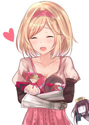  2girls :d absurdres black_robe blonde_hair blush box brown_hair brown_shirt closed_eyes collarbone commentary_request djeeta_(granblue_fantasy) facing_viewer fighter_(granblue_fantasy) gauntlets gift gift_box granblue_fantasy hairband halo highres hugging_object layered_sleeves long_hair long_sleeves multiple_girls natsu_(sinker8c) open_mouth pale_skin pink_hairband pink_skirt puffy_short_sleeves puffy_sleeves robe shirt short_over_long_sleeves short_sleeves simple_background skirt smile solo_focus swept_bangs tsukuyomi_(shingeki_no_bahamut) valentine white_background wide_sleeves 