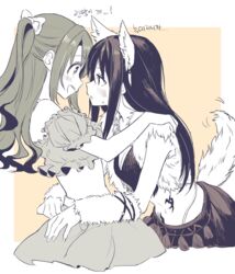  2girls akni animal_ears blush commentary_request idolmaster idolmaster_cinderella_girls korean_commentary korean_text long_hair midriff multiple_girls shibuya_rin shimamura_uzuki tail tattoo translated wolf_ears wolf_tail yuri 