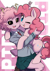  :d ;d absurdres ashido_mina black_sclera blazer blue_eyes boku_no_hero_academia brown_eyes caibao_return cheek-to-cheek chinese_commentary collared_shirt color_connection colored_sclera colored_skin commentary_request crossover female hand_on_another&#039;s_head heads_together highres horns horse hug jacket long_hair long_sleeves looking_at_viewer my_little_pony necktie one_eye_closed open_mouth photoshop_(medium) pink_hair pink_skin pinkie_pie_(mlp) purple_hair school_uniform seiza shirt shoes short_hair sitting skirt smile socks tattoo teeth u.a._school_uniform upper_teeth_only v wing_collar 