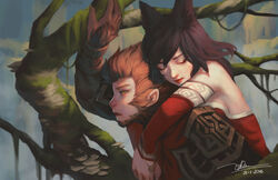  ahri_(lol) animal_humanoid canid canid_humanoid canine canine_humanoid closed_eyes clothed clothing duo female fox_humanoid hair humanoid le_trong_dao league_of_legends male mammal mammal_humanoid outside primate primate_humanoid riot_games tencent wukong_(lol) yellow_eyes 