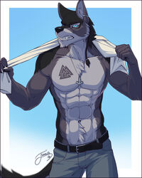  2016 5_fingers abs anthro belt biceps black_body black_fur black_nose blue_background blue_eyes border bottomwear braided_hair canid canine canis claws clenched_teeth clothed clothing ear_piercing fangs feralise fingers fur gradient_background grey_body grey_fur grey_sclera growling hair jewelry jotun looking_at_viewer male mammal mjolnir mjolnir_necklace multicolored_body multicolored_fur muscular muscular_anthro muscular_male necklace pants pecs piercing portrait scar signature simple_background solo tattoo teeth three-quarter_portrait topless valknut white_border wolf 