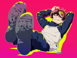  1boy arm_behind_head bad_id bad_pixiv_id brown_hair closed_eyes commentary_request crossed_legs foreshortening full_body goggles kekkai_sensen koitsu_(blue) leonardo_watch male_focus monkey pink_background removing_goggles sitting sonic_speed_monkey 