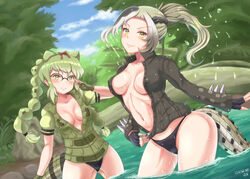  2girls adjusting_eyewear asymmetrical_hair black_gloves black_hair black_jacket black_panties blush bow braid breasts closed_mouth cloud collarbone commentary_request crocodilian_tail dated day fingerless_gloves gloves green_eyes green_gloves green_hair grey_hair hairbow jacket kemono_friends long_hair medium_breasts multicolored_hair multiple_girls no_bra outdoors panties ponytail red_bow saltwater_crocodile_(kemono_friends) samenoido sky smile spectacled_caiman_(kemono_friends) standing tail tree twin_braids underwear unzipping v-shaped_eyebrows water water_drop wet zipper 