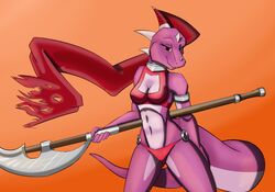  5_fingers anthro bardiche biped breasts cleavage clothed clothing derangedrake dragon female fingers front_view holding_object holding_weapon looking_at_viewer melee_weapon mythological_creature mythological_scalie mythology non-mammal_breasts orange_background pink_body pink_skin polearm scalie simple_background skimpy solo standing tail weapon 