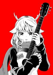  antlers blush commentary_request female guitar highres horns indie_utaite instrument kano_(utaite) long_sleeves monochrome red_background scarf solo utaite yasehattagi 