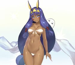  &lt;o&gt;_&lt;o&gt; animal_ears armlet arms_at_sides ass_visible_through_thighs bandeau bikini bikini_pull blue_eyes breasts cleavage closed_mouth clothes_pull collarbone commentary_request cowboy_shot dark-skinned_female dark_skin earrings facial_mark fate/grand_order fate_(series) female front-tie_bikini_top front-tie_top gradient_background hair_tubes hairband highres hoop_earrings jackal_ears jewelry large_breasts long_hair looking_at_viewer low-tied_long_hair medjed_(fate) nakamura_nagare navel nitocris_(fate) purple_hair sidelocks simple_background smile solo string_bikini swimsuit thigh_gap very_long_hair white_bikini 