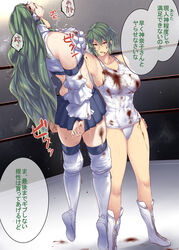  2girls adapted_costume asphyxiation blood blood_on_clothes blood_on_face blue_skirt boots breasts cleavage collarbone collared_shirt commentary_request detached_sleeves full_body green_eyes green_hair grey_background grin hair_ornament hair_tubes hand_on_own_hip highres holding injury kazami_yuuka knee_pads kochiya_sanae large_breasts long_hair midriff miniskirt multiple_girls muscular muscular_female neck_lift one-piece_swimsuit red_eyes rope ryona saliva school_swimsuit shadow shirt short_hair skirt sleeveless sleeveless_shirt smile stadium strangling sweat swimsuit tobisawa touhou touhou_tag_dream translation_request trembling white_footwear white_one-piece_swimsuit white_shirt wide_sleeves wrestling wrestling_outfit wrestling_ring 