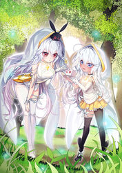  2girls ahoge arched_back asymmetrical_legwear bare_shoulders black_footwear black_legwear blue_eyes boots breasts commentary_request day dress eirudy elbow_gloves forest frilled_skirt frills full_body gloves gradient_hair hair_between_eyes highres hood hood_up jewelry jjickjjicke large_breasts long_hair miniskirt multicolored_hair multiple_girls nature outdoors pantyhose photoshop_(medium) red_eyes shirt short_dress silver_hair single_glove single_leg_pantyhose single_thighhigh skirt sleeveless sleeveless_dress sleeveless_shirt standing thighhighs uneven_legwear white_dress white_hood white_legwear white_shirt witch_springs yellow_skirt 