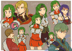  3boys 3girls armor arrow_(projectile) bare_shoulders blonde_hair blouse blush bracer breastplate breasts brown_hair capelet character_name closed_eyes commentary_request dress elbow_gloves facial_hair fingerless_gloves fire_emblem fire_emblem:_the_sacred_stones flat_chest forde_(fire_emblem) gloves green_eyes green_hair hand_on_own_chest hand_to_own_mouth headband index_finger_raised innes_(fire_emblem) long_hair lute_(fire_emblem) moulder_(fire_emblem) moustache multiple_boys multiple_girls multiple_views noshima open_mouth photoshop_(medium) ponytail purple_eyes purple_hair quiver robe shirt short_hair siblings sidelocks sisters sleeveless sleeveless_dress small_breasts sparkle spoken_character sweatdrop syrene_(fire_emblem) vanessa_(fire_emblem) wavy_mouth white_gloves 