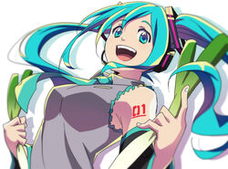  aqua_eyes aqua_hair bad_id bad_pixiv_id blurry commentary_request detached_sleeves female hatsune_miku headset koitsu_(blue) long_hair necktie open_mouth partial_commentary shirt sleeveless sleeveless_shirt smile solo spring_onion tattoo twintails upper_body vocaloid 