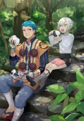  2boys :o :t aqua_hair commentary_request eating food green_eyes grey_hair grey_legwear hotarumaru japanese_clothes kneehighs leaf legwear_garter male_focus multiple_boys oisih onigiri pom_pom_(clothes) red_eyes sandals scar shorts sitting smile socks touken_ranbu tree yamabushi_kunihiro 