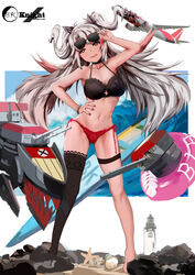  absurdres adjusting_eyewear aircraft airplane antenna_hair artist_name ass_visible_through_thighs azur_lane beach bikini bk-knight black_bikini black_ribbon black_thighhighs blue_sky blush bracelet breasts brown_eyes cannon chinese_commentary cloud collarbone commentary_request cross cross_cutout dated day female floating_hair full_body grey_hair hair_between_eyes hair_ribbon half-closed_eyes hand_on_eyewear hand_on_own_hip highres innertube iron_cross jewelry large_breasts licking_lips lighthouse long_hair looking_at_viewer machinery md5_mismatch mole mole_on_breast multicolored_hair nail_polish navel ocean official_alternate_costume outdoors photoshop_(medium) pink_nails prinz_eugen_(azur_lane) prinz_eugen_(unfading_smile)_(azur_lane) red_bikini red_hair ribbon rigging sand side-tie_bikini_bottom signature single_thighhigh sky smile solo standing starfish stomach streaked_hair sunglasses surfboard swim_ring swimsuit thigh_strap thighhighs tongue tongue_out turret two_side_up very_long_hair waves 