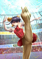  adsouto armpits breasts china_dress chinese_clothes covered_navel double_bun dress female female fighting_stance hair_bun highres kicking leg_up lin_lin_(one-punch_man) one-punch_man skin_tight small_breasts solo stadium standing upskirt 