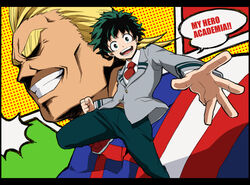  2boys all_might bad_id bad_pixiv_id blonde_hair boku_no_hero_academia clenched_hand commentary_request copyright_name english_text foreshortening freckles green_eyes green_hair grin koitsu_(blue) letterboxed male_focus midoriya_izuku multiple_boys necktie open_mouth school_uniform shaded_face smile superhero_costume u.a._school_uniform 