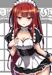  alternate_costume black_skirt bow bowtie breasts cleavage commentary_request cowboy_shot crimson_avenger_(elsword) elesis_(elsword) elsword enmaided female highres long_hair looking_at_viewer maid maid_headdress medium_breasts miniskirt red_hair skirt solo striped striped_bow wrist_cuffs yellow_eyes zetsuei_(zetto) 