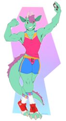  absurd_res anthro clothed clothing digital_media_(artwork) dragon flexing hair hi_res horn male muscular muscular_anthro muscular_male mythological_creature mythological_scalie mythology pink_hair scalie selfie shirt smile solo spazzyhusky standing tail tank_top topwear 