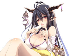  antenna_hair bandaged_arm bandages bare_shoulders black_hair breasts cleavage commentary_request danua danua_(summer)_(granblue_fantasy) draph female food granblue_fantasy gretel_(granblue_fantasy) hansel_(granblue_fantasy) horns large_breasts long_hair looking_at_viewer mizuno_sao official_alternate_costume open_mouth pointy_ears popsicle red_eyes simple_background solo tongue tongue_out white_background 