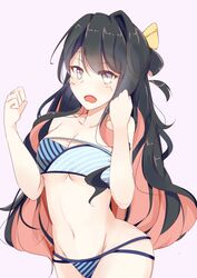  alternate_costume bare_shoulders bikini black_hair breasts collarbone commentary_request day_mello female hair_ribbon kantai_collection large_breasts long_hair looking_at_viewer multicolored_eyes multicolored_hair naganami_(kancolle) navel oerba_yun_fang open_mouth pink_background pink_hair purple_eyes ribbon simple_background solo swimsuit yellow_eyes 