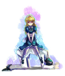  1boy alice_(megami_tensei) blonde_hair blue_dress commentary_request dress female hair_ribbon hairband hazama_ideo kara_(color) long_hair mary_janes megami_tensei red_eyes ribbon shin_megami_tensei shin_megami_tensei:_if... shoes smile 