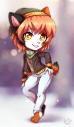  2018 4_toes annetpeas anthro barefoot bottomwear chibi clothing denim denim_bottomwear denim_clothing domestic_cat feet felid feline felis hair hat headgear headwear hi_res jacket jeans looking_at_viewer male mammal orange_hair pants plantigrade scarf signature solo toes topwear yellow_eyes 