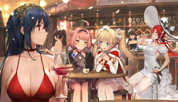  6+girls absurdres ahoge alcohol amazon_(azur_lane) amazon_(little_orchestra)_(azur_lane) animal_ears atago_(azur_lane) azur_lane bare_legs bare_shoulders black_dress black_gloves black_hair blonde_hair blue_eyes blush bonnet bow breasts bridal_gauntlets choker cleavage closed_eyes closed_mouth cocktail_dress cup detexted dress drinking drinking_glass earrings gloves gorgeous_mushroom hair_between_eyes hair_flaps hair_ornament hair_ribbon halterneck hat hat_bow headband highres jewelry large_breasts long_hair looking_at_viewer low_ponytail maid_headdress monarch_(azur_lane) monarch_(white_warrick)_(azur_lane) multiple_girls oerba_yun_fang official_alternate_costume official_art open_mouth photoshop_(medium) pink_hair ponytail red_choker red_dress red_eyes red_hair ribbon sidelocks sitting smile star_(symbol) star_earrings sun_hat taihou_(azur_lane) taihou_(forbidden_feast)_(azur_lane) takao_(azur_lane) thighhighs thighlet third-party_edit twintails u-81_(azur_lane) u-81_(soft_serenade)_(azur_lane) white_bow white_dress white_thighhighs wine wine_glass yellow_eyes 