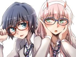  1boy adjusting_eyewear androgynous black_hair blue_eyes blush commentary couple darling_in_the_franxx female glasses green_eyes grey_jacket hair_ornament hairband hand_on_eyewear hands_on_own_face herozu_(xxhrd) hiro_(darling_in_the_franxx) horns jacket long_hair long_sleeves necktie oni_horns open_clothes open_jacket pink_hair red_horns straight striped striped_necktie white_hairband zero_two_(darling_in_the_franxx) 