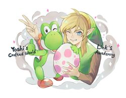  1boy 1other animal blonde_hair commentary_request dinosaur egg hat highres hug kaeru_(qingwali) link long_hair looking_at_viewer mario_(series) one_eye_closed pointy_ears simple_background smile super_mario_world super_smash_bros. tail the_legend_of_zelda the_legend_of_zelda:_link&#039;s_awakening tunic v windfish&#039;s_egg yoshi yoshi&#039;s_crafted_world 