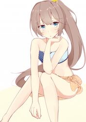  :o arm_rest bare_arms bare_legs bare_shoulders bikini blush brown_hair commentary_request day_mello female flat_chest gradient_background grey_eyes groin hair_ornament hair_ribbon head_rest kantai_collection kazagumo_(kancolle) kazagumo_(swimsuit_mode)_(kancolle) knees_together_feet_apart long_hair looking_to_the_side navel orange_sarong polka_dot polka_dot_sarong ponytail ribbon sarong see-through see-through_sarong simple_background sitting solo swimsuit tsurime 