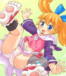  animal_hands black_thighhighs blonde_hair blue_eyes blush commentary_request female fushigi_mahou_fun_fun_pharmacy hair_ribbon hood hoodie long_sleeves midriff mizuno_mumomo navel open_mouth panties pantyshot paw_shoes popuri_(fushigi_mahou_fun_fun_pharmacy) ribbon shoes skirt smile solo thighhighs twintails underwear upskirt white_panties 